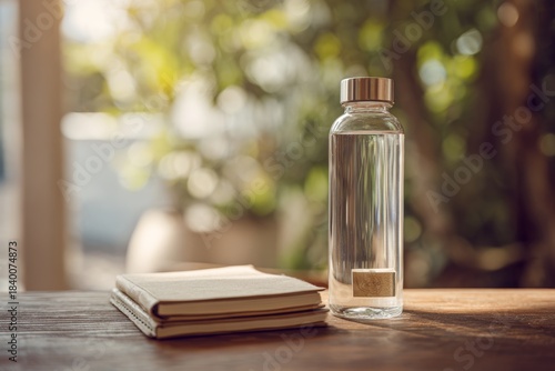 Glass water bottle and notebook on wooden table. Focus on health, hydration, and mindful living. Simple setup for work or study.