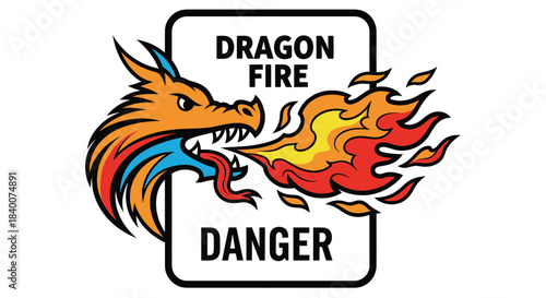 A Fierce Dragon Displaying Fire Hazard with Danger Warning Sign and Bold Typography