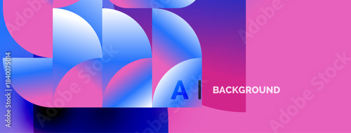 Abstract design features overlapping blue, pink shapes. Text reads AI BACKGROUND. Modern, vibrant color scheme dominates composition.