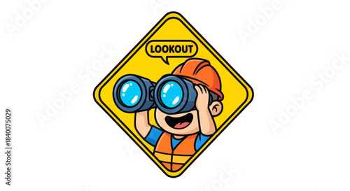 A Young Construction Worker Observing Through Binoculars on a Yellow Warning Sign