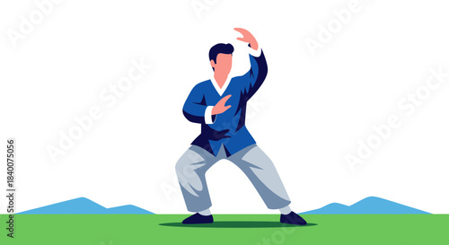 A Person Practicing Tai Chi in a Simplified Colored Figure on a Green Landscape