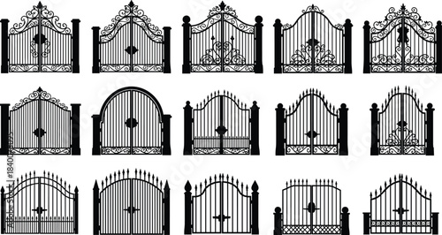 Elegant decorative wrought iron gate vector collection showcasing detailed vintage entrance designs, classic architectural fence silhouettes, ornamental metal patterns, and luxury securit
