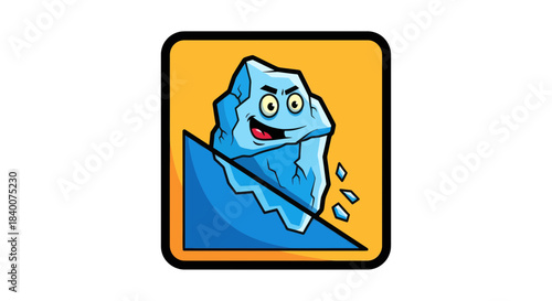 A Smiling Iceberg Mascot Character Sliding Over Geometric Shapes and Yellow Background