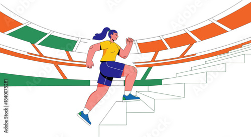 A Spirited Female Athlete Ascends Steps in a Vivid Stadium Design Achieving Fitness Goals