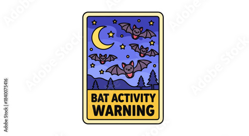 A Whimsical Bat Activity Warning Sign Depicting Bats Flying Under The Night Sky