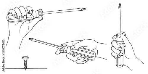 プラスドライバーを持つ手のイラストセット（DIY・工具）,ネジ締め,修理,組み立て,作業,シンプル,ベクター,線画