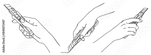カッターナイフを持つ手のイラストセット（切断・工作）,文房具,事務用品,開封,カッティング,シンプル,ベクター,線画