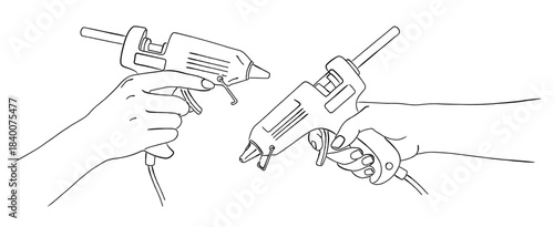 グルーガンを持つ手のイラストセット（DIY・手芸）,ホットメルトガン,接着剤,工具,工作,シンプル,ベクター