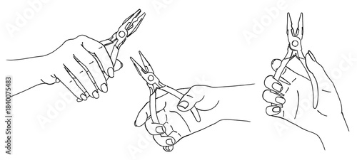 ラジオペンチを持つ手のイラストセット（工具・DIY）,プライヤー,掴む,修理,電子工作,シンプル,ベクター