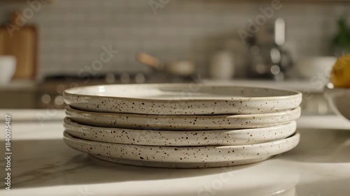 Stack of Ceramic Plates on a Kitchen Countertop with Sunlight.