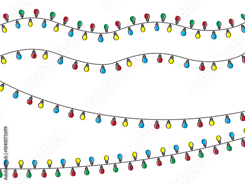 Colorful hand-painted garlands with vintage-style bulbs. Illustration on a transparent background