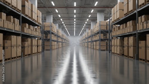Wallpaper Mural Expansive view down a long, narrow aisle of a modern warehouse with towering racks stacked high with cardboard boxes. Torontodigital.ca