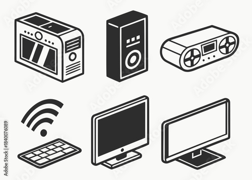 Set of isometric icons representing various electronic devices and technology symbols