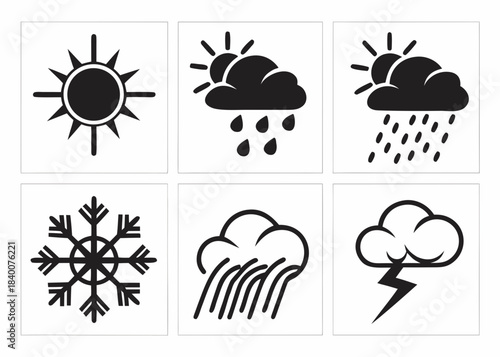 Collection of weather icons representing sun rain snow and storm