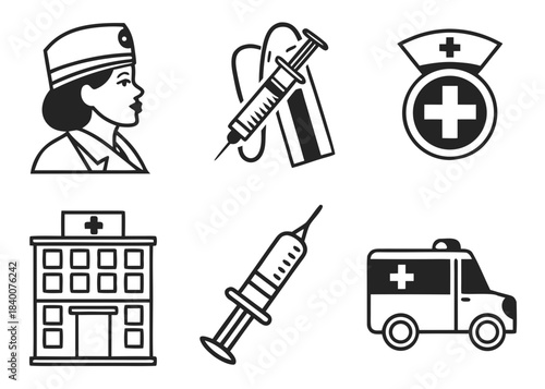 Medical icons set featuring nurse hospital ambulance and syringe