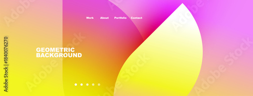 Abstract geometric background. Vibrant yellow, orange, pink gradients. Navigation menu present. Minimalist design, modern aesthetic. Dots indicate sections.