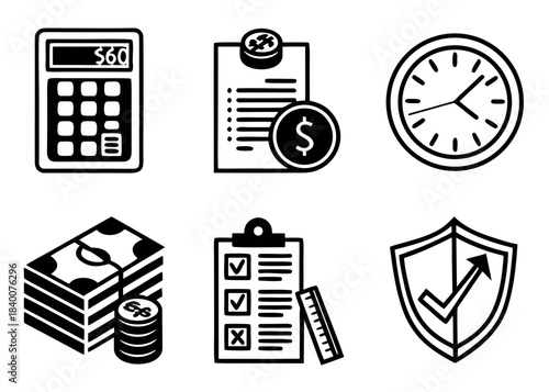 Financial management icons including calculator money clock checklist and shield