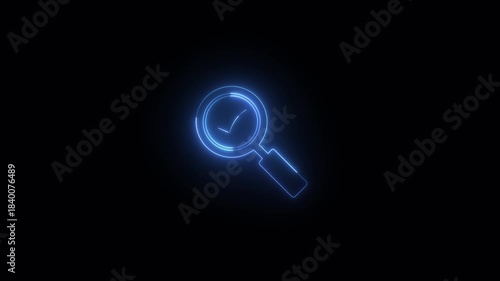 Glowing neon line Magnifying glass with check mark icon animated on black background. 4K Video motion graphic animation.