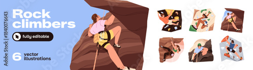 People are rock climbing set. Alpinists are bouldering in gym and outdoors. Climbers are training on artificial mountain wall. Alpinism and mountaineering. Flat isolated vector illustrations on white
