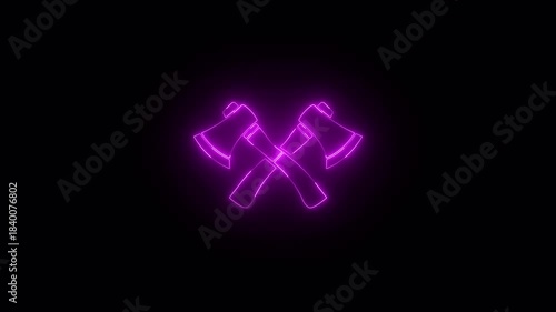 Glowing neon line Crossed wooden axe icon animated on black background. 4K Video motion graphic animation
