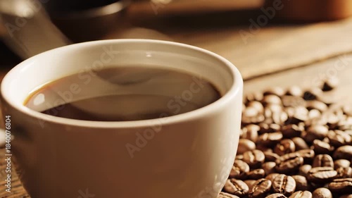 Steaming Cup of Coffee and Roasted Beans on a Rustic Wooden Table.