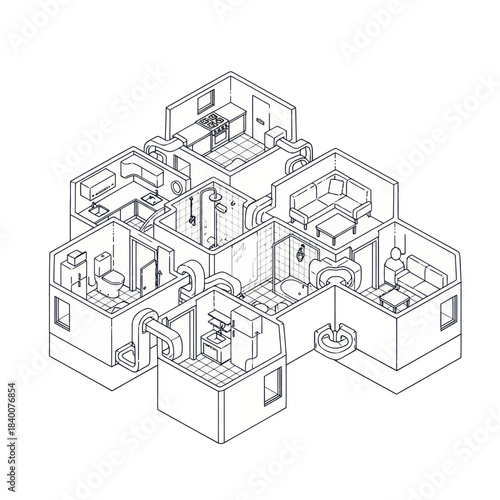 Isometric view of a modular home design with various rooms.