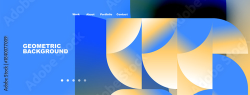 Modern website header design. Blue gradient, geometric shapes, navigation menu visible. Clean, minimalist aesthetic.