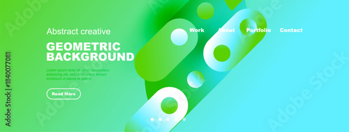 Bright website header design. Features abstract shapes, text, navigation menu, button. Modern, vibrant color scheme.