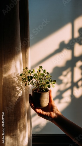 Woman holding a small potted plant in soft sunlight by a window with curtain. Indoor gardening and home decor concept for natural living.