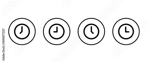 Simple analog clock and time icon set. Alarm, hour, and timer symbol in circular outline