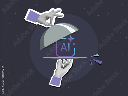 Black and white hands remove the lid from a plate with Ai sign - application of AI in the restaurant business. Modern collage style. Vector illustration