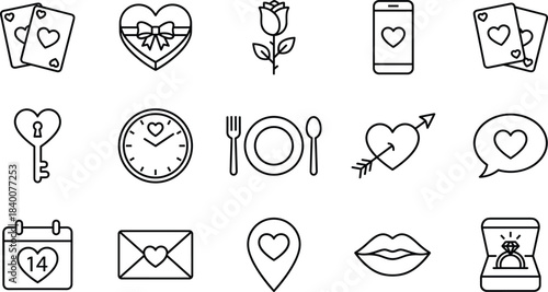 Valentine's day and wedding line icons set, love hearts, romance symbols, rose, ring, gift, dating, vector illustration, isolated, outline.