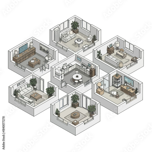Isometric view of multiple furnished rooms in a house layout.
