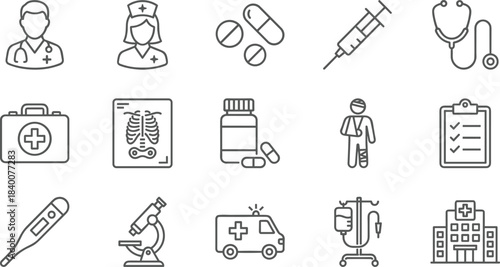 Medical and healthcare line icons set, doctor, nurse, hospital, pharmacy, emergency, treatment, clinic symbols, vector illustration, isolated, modern design.