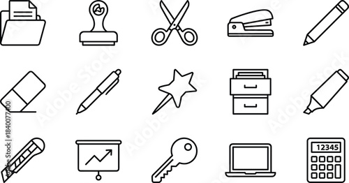 Office supplies and stationery line icons set, school equipment, business tools, workspace items, vector illustration, isolated, education symbols, modern style.