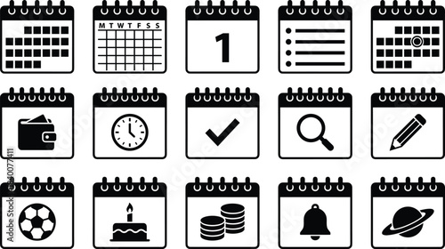 Calendar vector icons set, schedule, date, plan, time management, reminder, deadline, business, event, agenda, organizer, daily, monthly, isolated, illustration.
