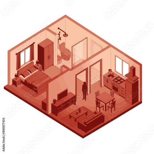 Isometric view of a modern apartment layout with living room kitchen and bedroom.