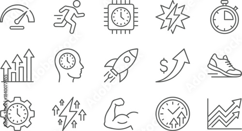 Modern performance and efficiency line icons set, speed, time management, business growth, productivity, fast rocket, stopwatch, success symbols, vector illustration, isolated.