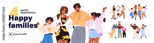 Set of happy families with kids. Parents and their children celebrate success together. Mother, father, and child have fun, joy, and rejoice in winning. Flat isolated vector illustrations in white