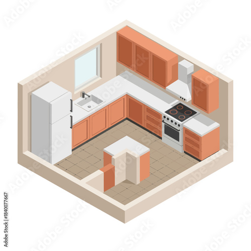 Isometric View of a Modern Kitchen Interior Design.