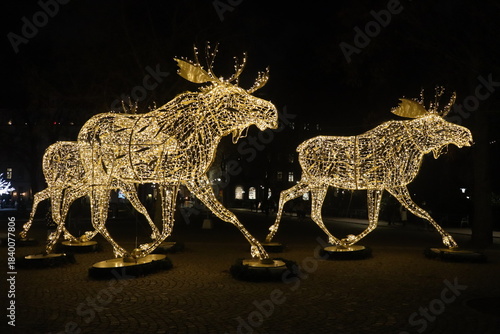 Magical Christmas street decorations in Stockholm featuring bright light installations of reindeer and white trees.