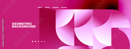 Pink abstract geometric background. Website header with navigation options present. Modern design elements visible.