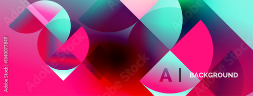 Abstract vibrant shapes overlap. Pink, turquoise, purple hues blend creating dynamic visual effect. Modern design element.