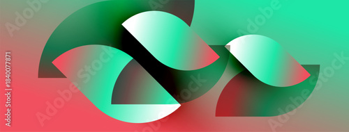 Abstract design features curved shapes, vibrant colors. Gradient transitions create depth, modern aesthetic. Smooth forms suggest movement, fluidity.