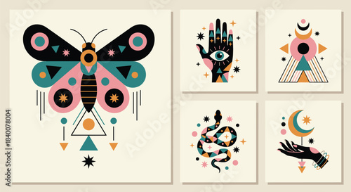 Mystical symbols vector set with butterfly snake and hand
