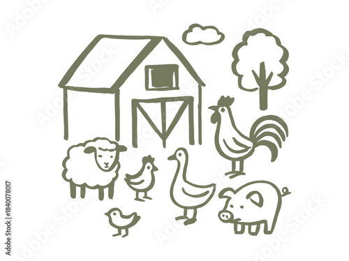 Farm animals and barn cartoon sketch vector illustration