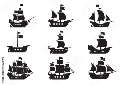 Set of Pirate ship icon, Pirate ship Black silhouette vector