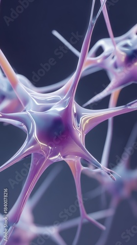 Neuron cell glowing in purple and orange with synapsis. Abstract neural network structure. Neuroscience, brain activity, and biological connection concept.