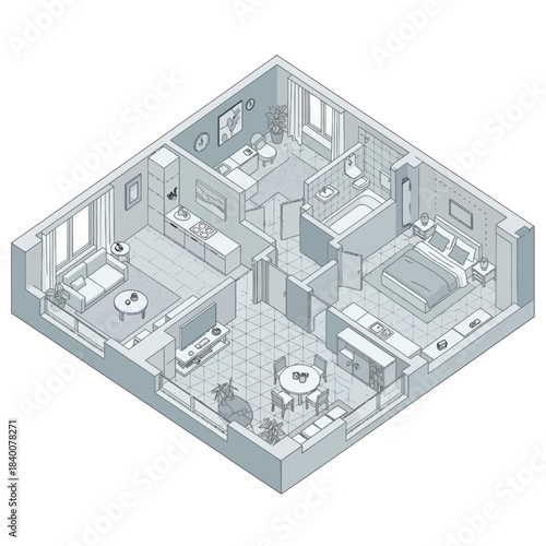 Isometric view of a modern apartment floor plan with furniture and decor.