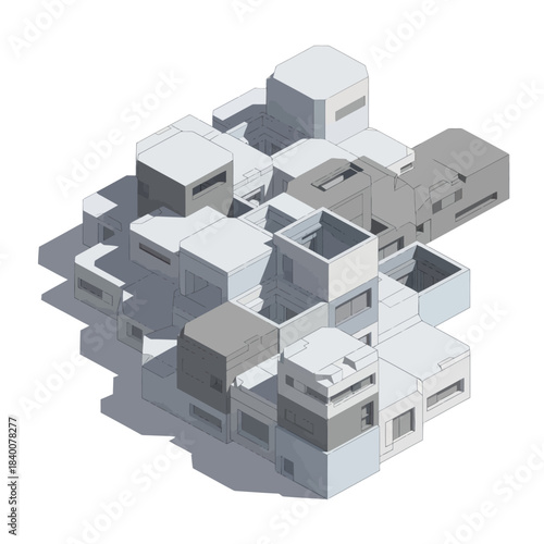Abstract isometric architectural structure with geometric shapes.